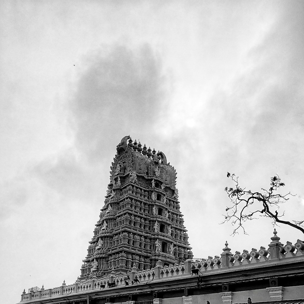 a black and white photo of a tall building