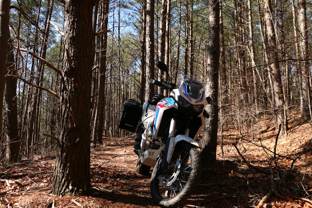 a motorcycle parked in the middle of a forest