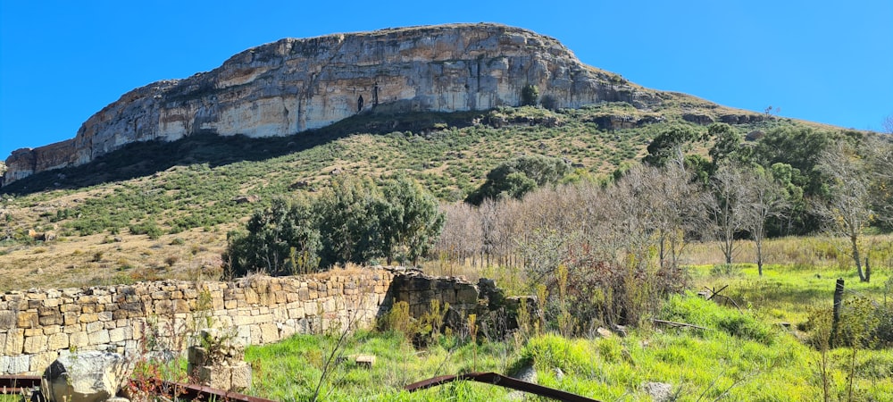 a mountain with a large rock formation in the background