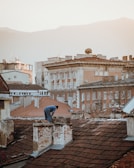 A person is working on the roof of an old building with red tiles, surrounded by other buildings of various architectural styles. The backdrop features mountains under a hazy sky. The image has a warm, soft light.