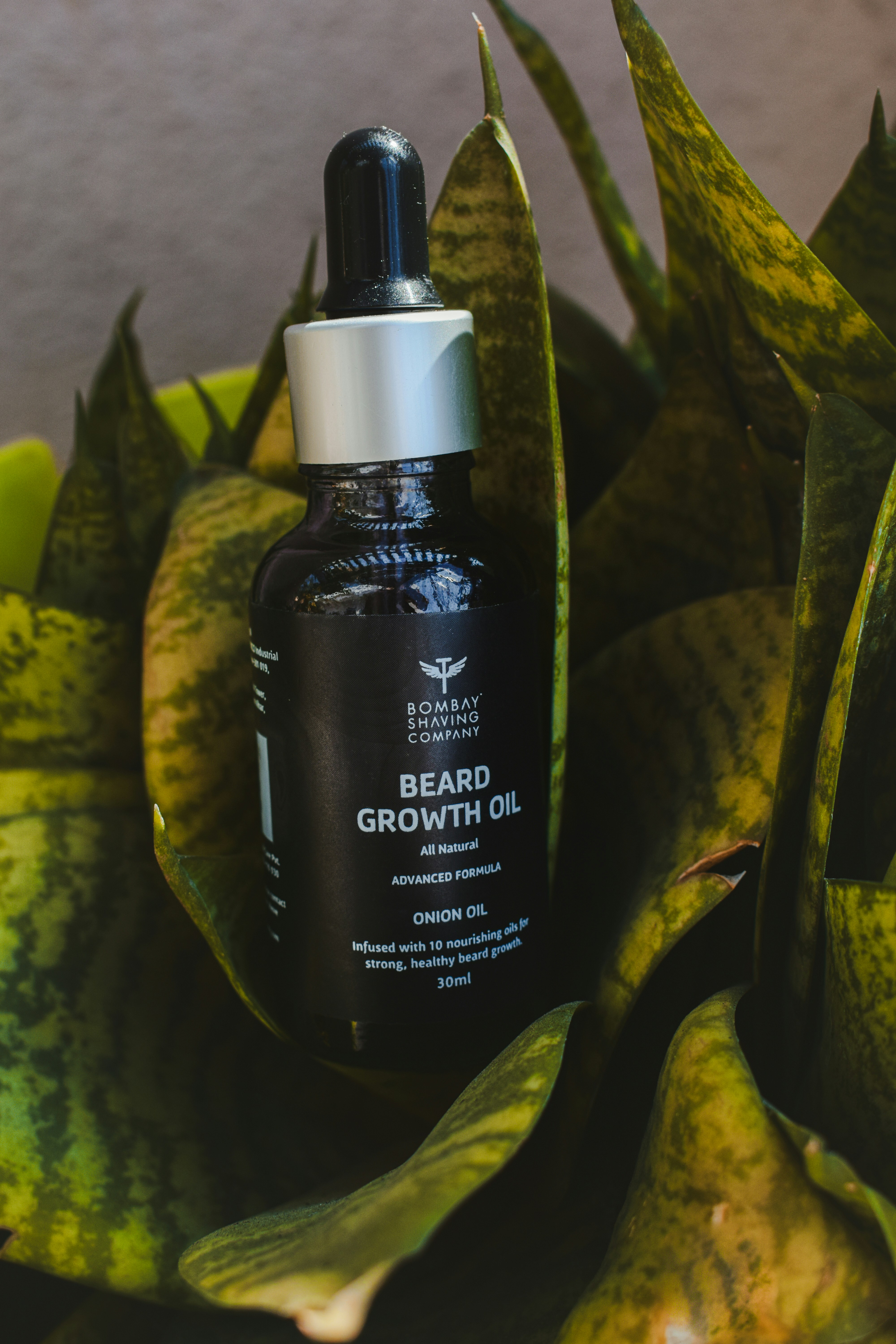 Botanical Beard Oil bottle with plant