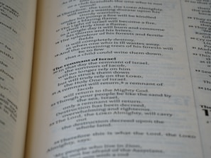 A close-up view of the pages of a book, featuring printed text in English. The text is organized into paragraphs with distinct headings, and the layout resembles that of a religious or reference book. The pages are a light cream color with dark, clear typography.
