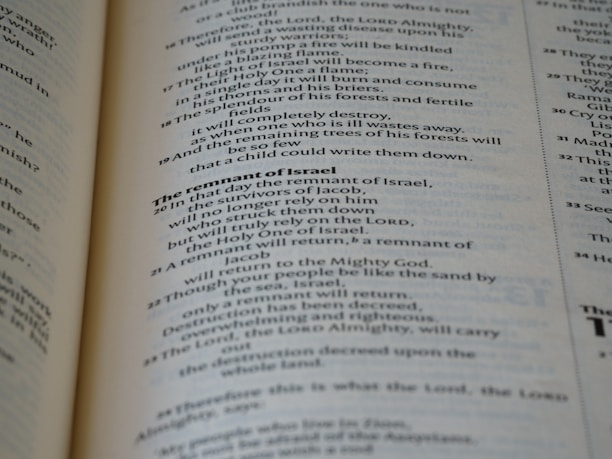 A close-up view of the pages of a book, featuring printed text in English. The text is organized into paragraphs with distinct headings, and the layout resembles that of a religious or reference book. The pages are a light cream color with dark, clear typography.