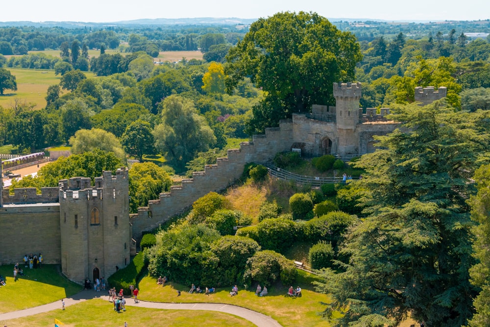 an aerial view of a castle surrounded by trees