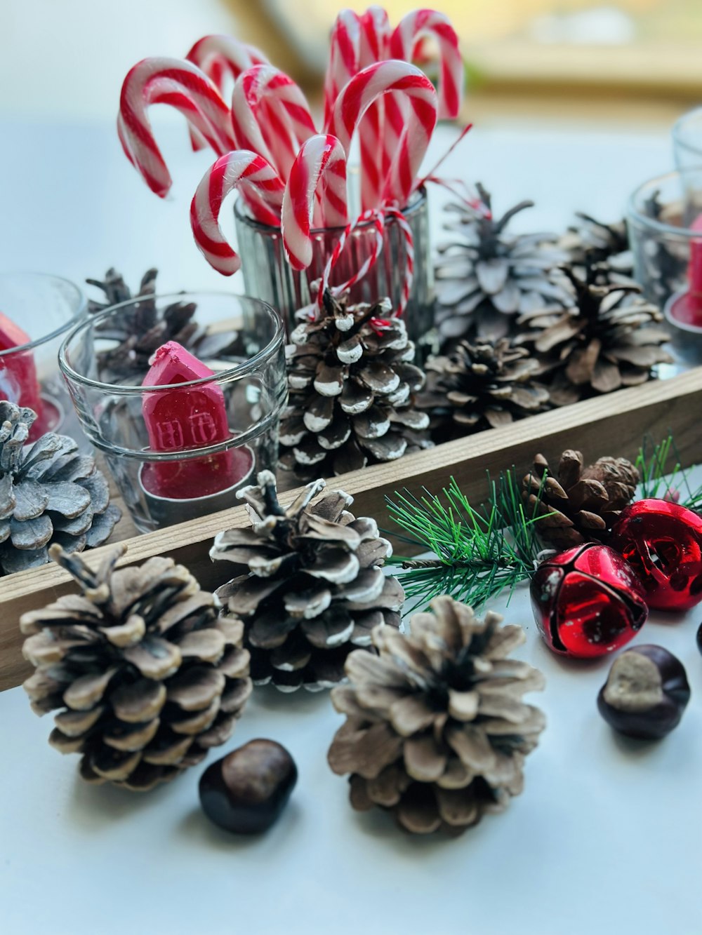 pine cones, candy canes, and pine cones are arranged on a tray