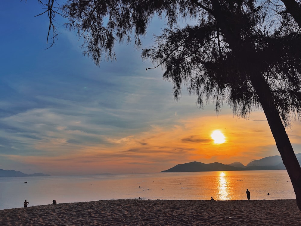 Le soleil se couche sur l’eau sur la plage