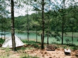 a tent in the woods next to a lake
