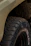 Close-up of rugged off-road tires covered in mud on a trail.
