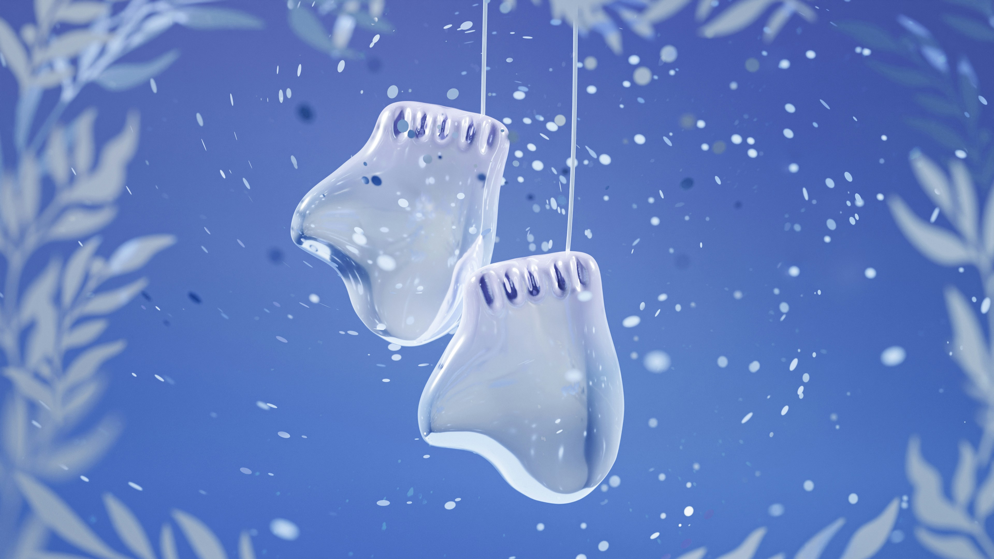 a pair of white shoes hanging from a string