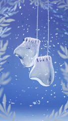 Pair of cozy ankle socks in pastel tones floating softly with a frosted glass UI effect.