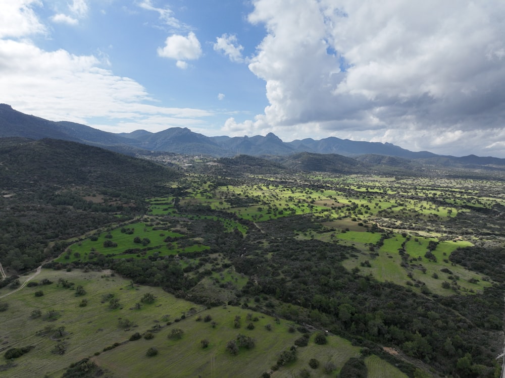 an aerial view of a lush green valley