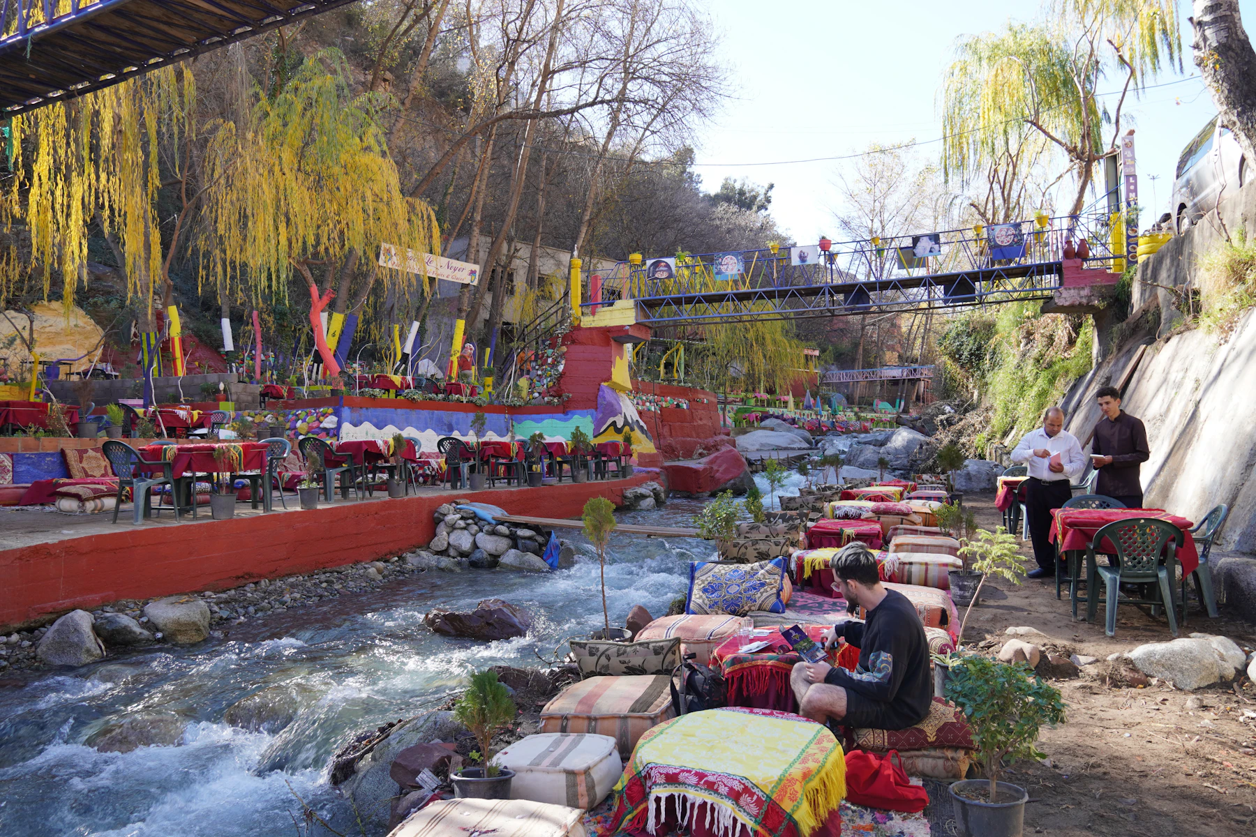 Riverside cafés with tables over the water in the Ourika valley at Setti Fatma
