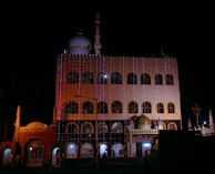 Decorations and lights adorning Masjid Ar-Rahman during a festive celebration.