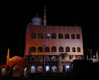 Decorations and lights adorning Masjid Ar-Rahman during a festive celebration.