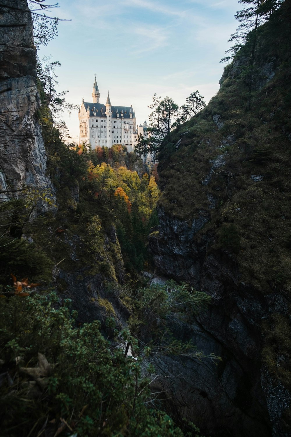 a castle on top of a mountain surrounded by trees