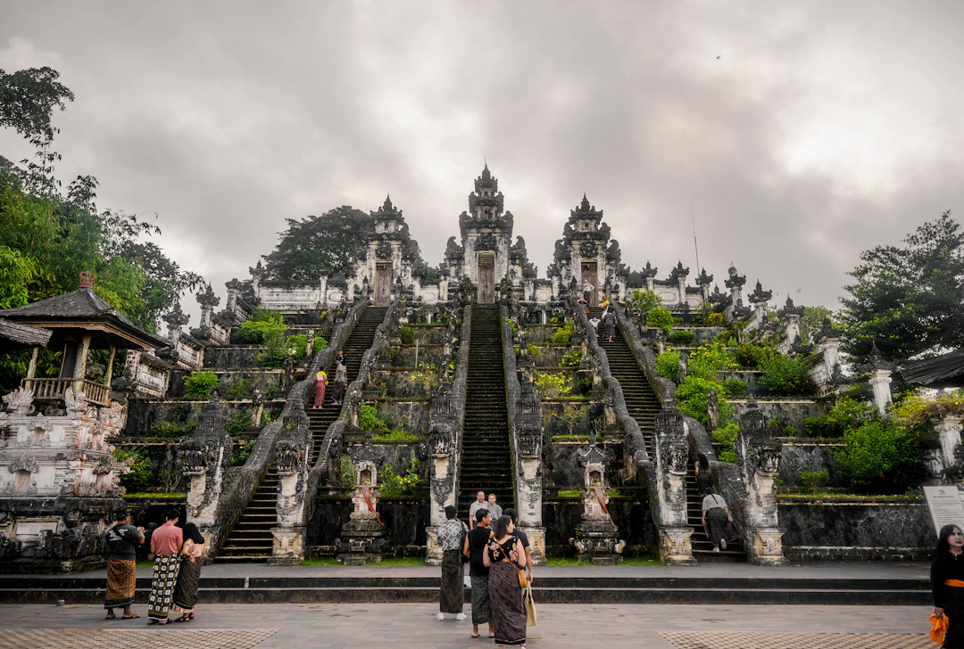 Stone stairways and tiered shrines of a temple complex in East Bali