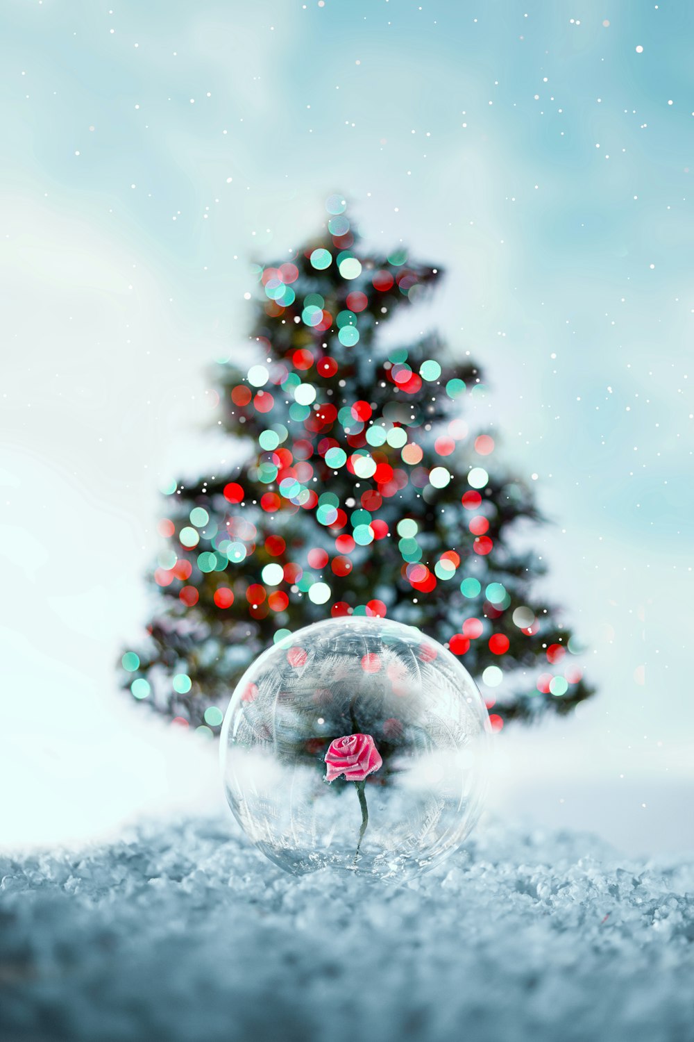 Un globo de nieve con una rosa roja en él