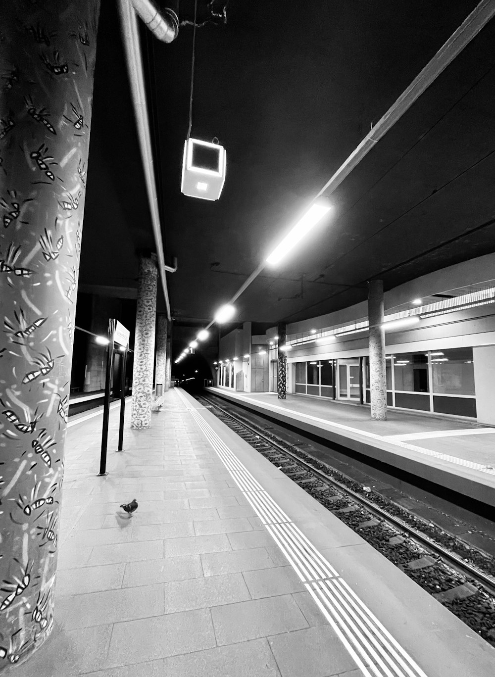 a black and white photo of a train station