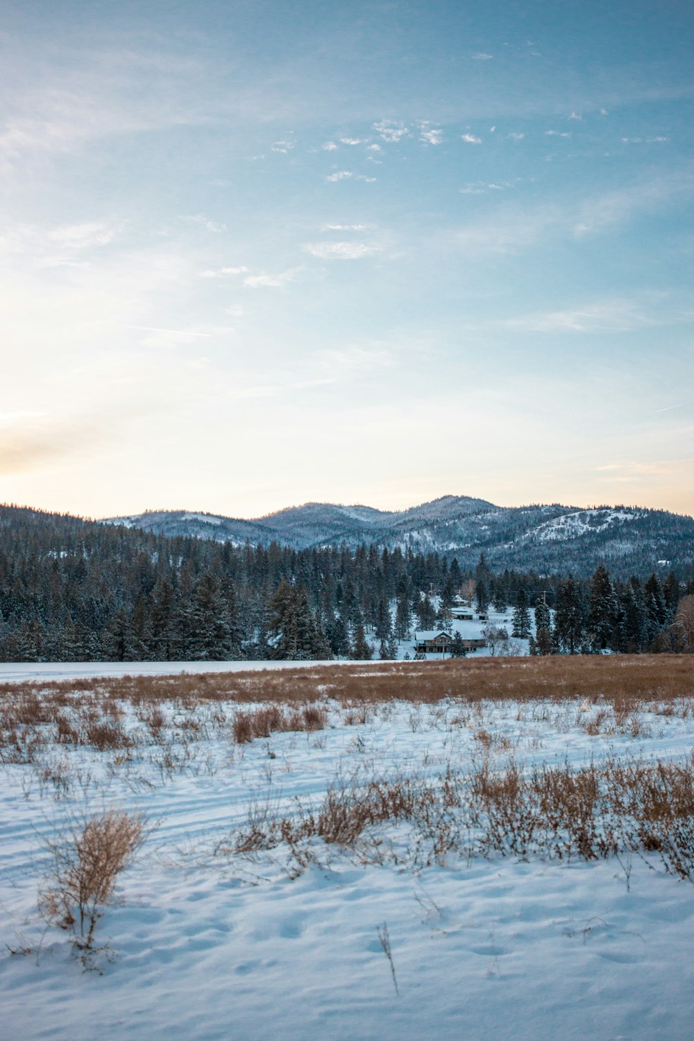 a snow covered field with mountains in the background