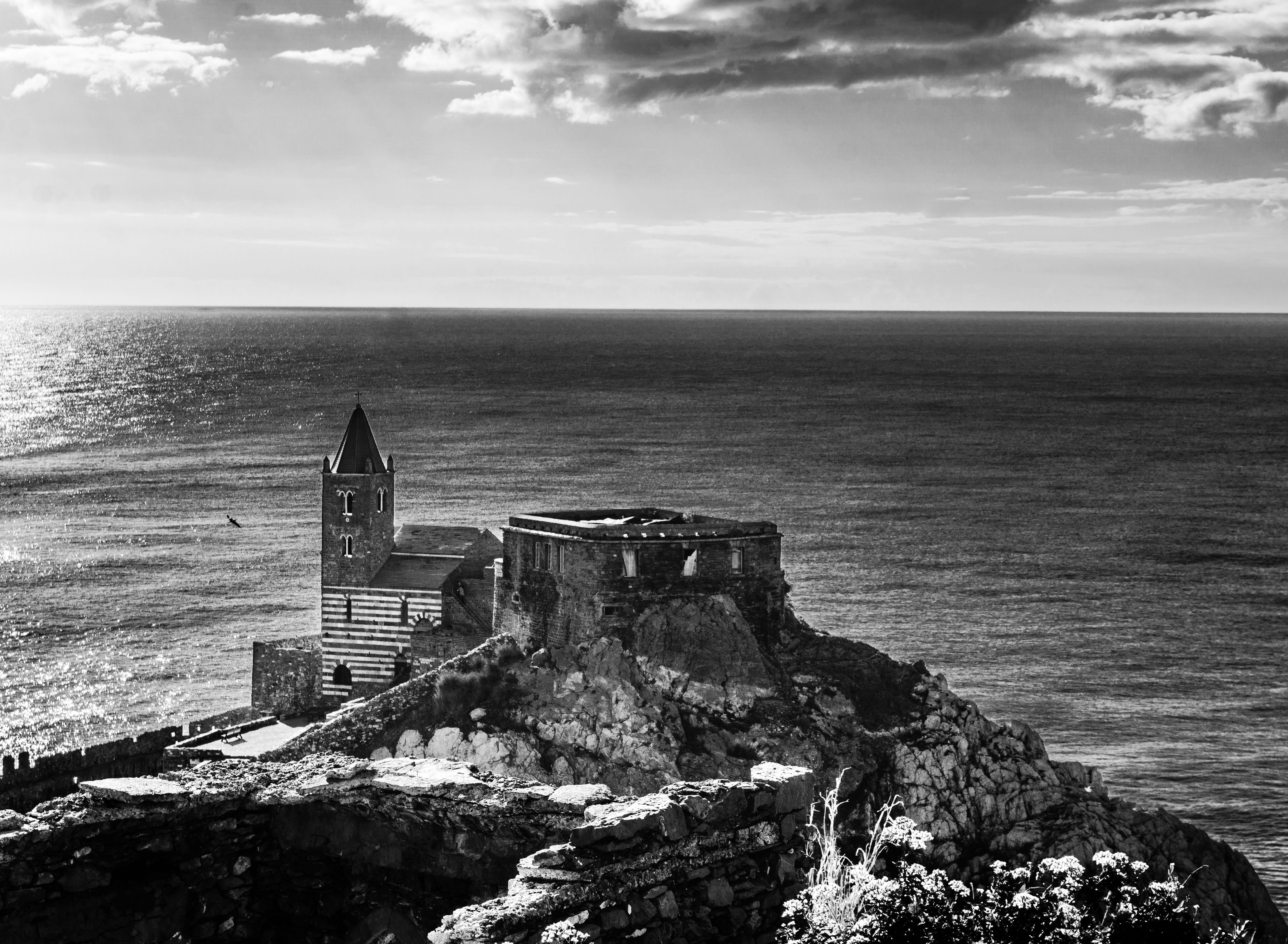 Una foto in bianco e nero di un castello su una scogliera