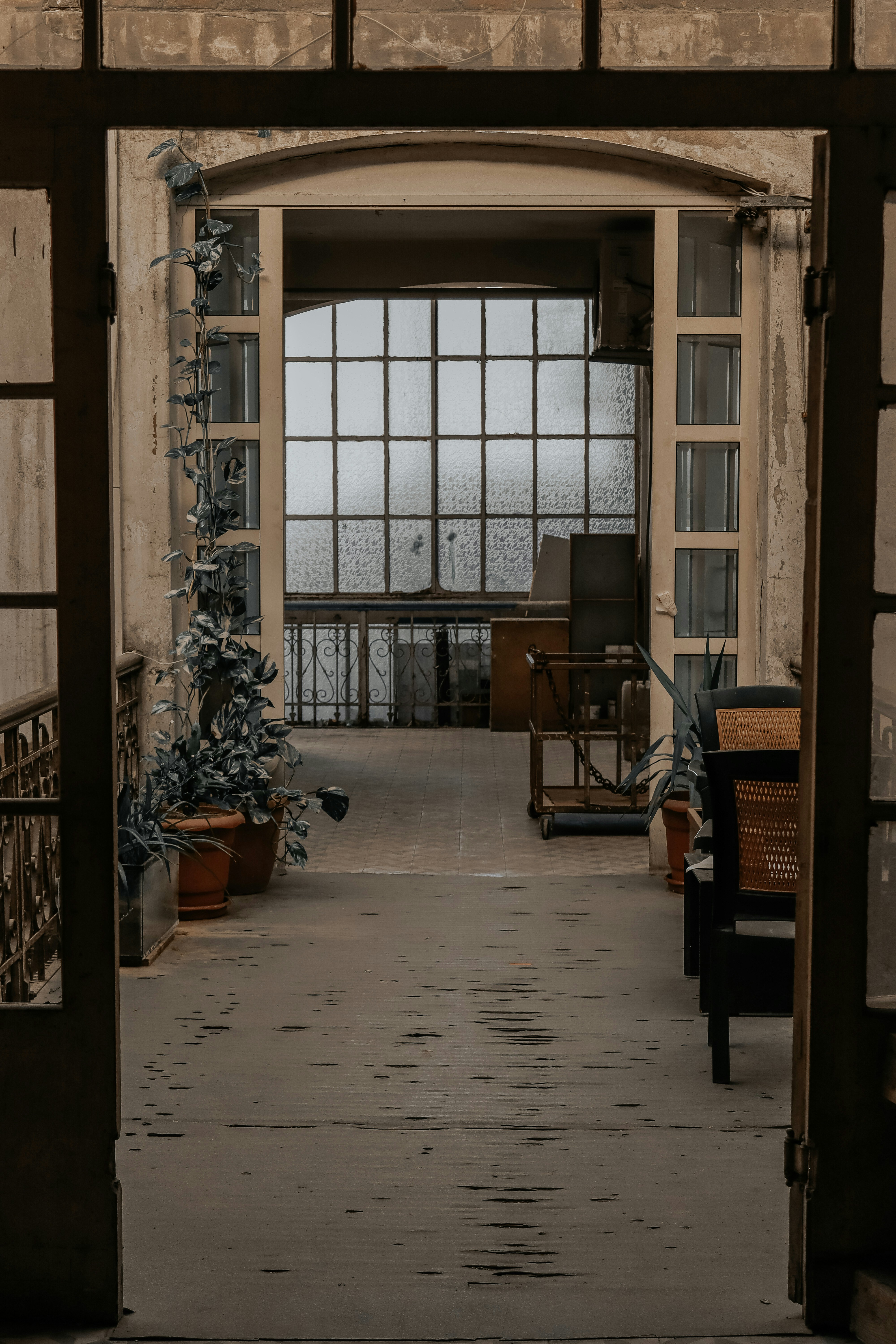 eine offene Tür, die zu einem Raum mit vielen Fenstern führt