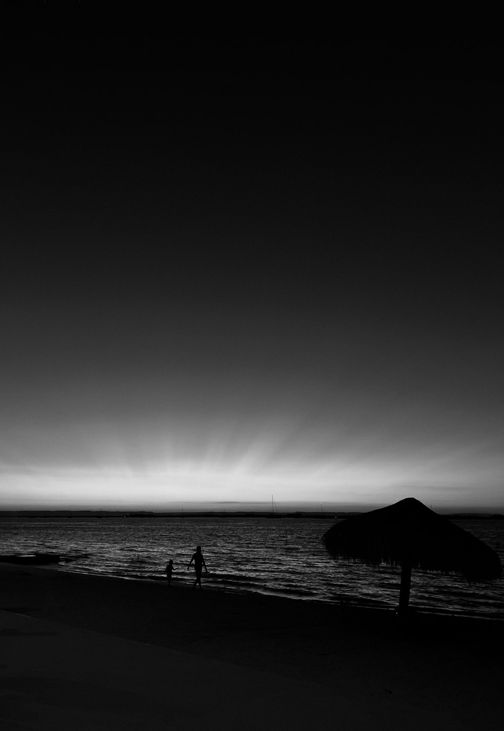 a black and white photo of people walking on the beach