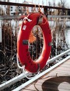 A bright orange lifebuoy is attached to a metallic railing, with some ropes hanging from it. The background features a blurred body of water and tall, dry reeds or grass. The lifebuoy has visible markings on it, including numbers and a label.