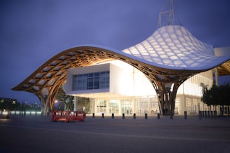 A modern architectural building with a large, wavy roof design illuminated by bright lights. The structure features lattice-like wooden supports and a spacious glass facade. The setting appears to be at twilight with a clear, darkening sky.