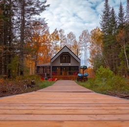A modern A-frame cabin is nestled among vibrant autumn trees, surrounded by a serene forest setting. A wooden pathway leads directly to the cabin's entrance, flanked by lush greenery on both sides. The cabin features large windows and a cozy porch area with red Adirondack chairs, all set under a partly cloudy sky.