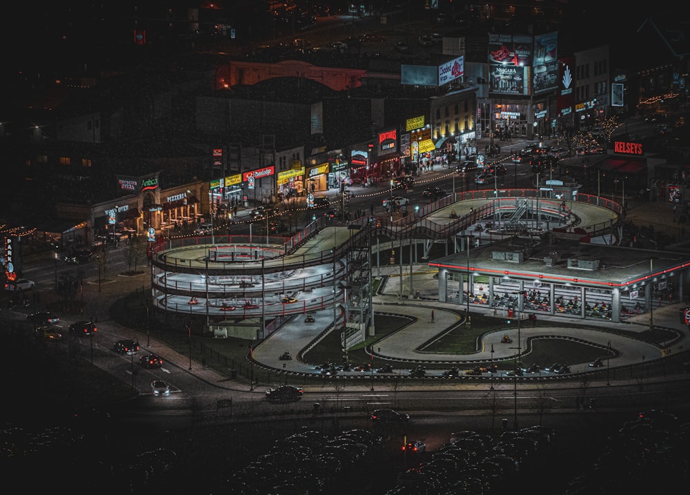 an aerial view of a city at night