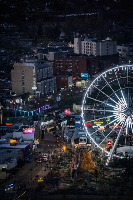 an aerial view of a ferris wheel at night
