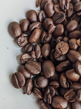 A close-up photo of freshly roasted coffee beans alongside glossy cocoa pods on a rustic wooden table.