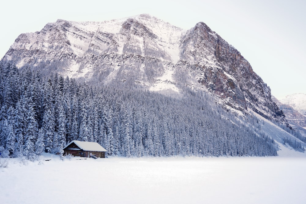 a cabin in the middle of a snowy mountain range