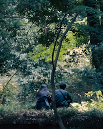 Two authors seated in a sunlit forest clearing, surrounded by books and nature, sharing a quiet moment of inspiration.