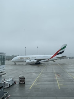 A large passenger airplane is positioned on an airport tarmac on a foggy day. The aircraft is marked with the Emirates logo, and the terminal buildings are visible in the background. The ground is wet, suggesting recent rain.
