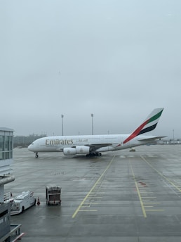 A large passenger airplane is positioned on an airport tarmac on a foggy day. The aircraft is marked with the Emirates logo, and the terminal buildings are visible in the background. The ground is wet, suggesting recent rain.