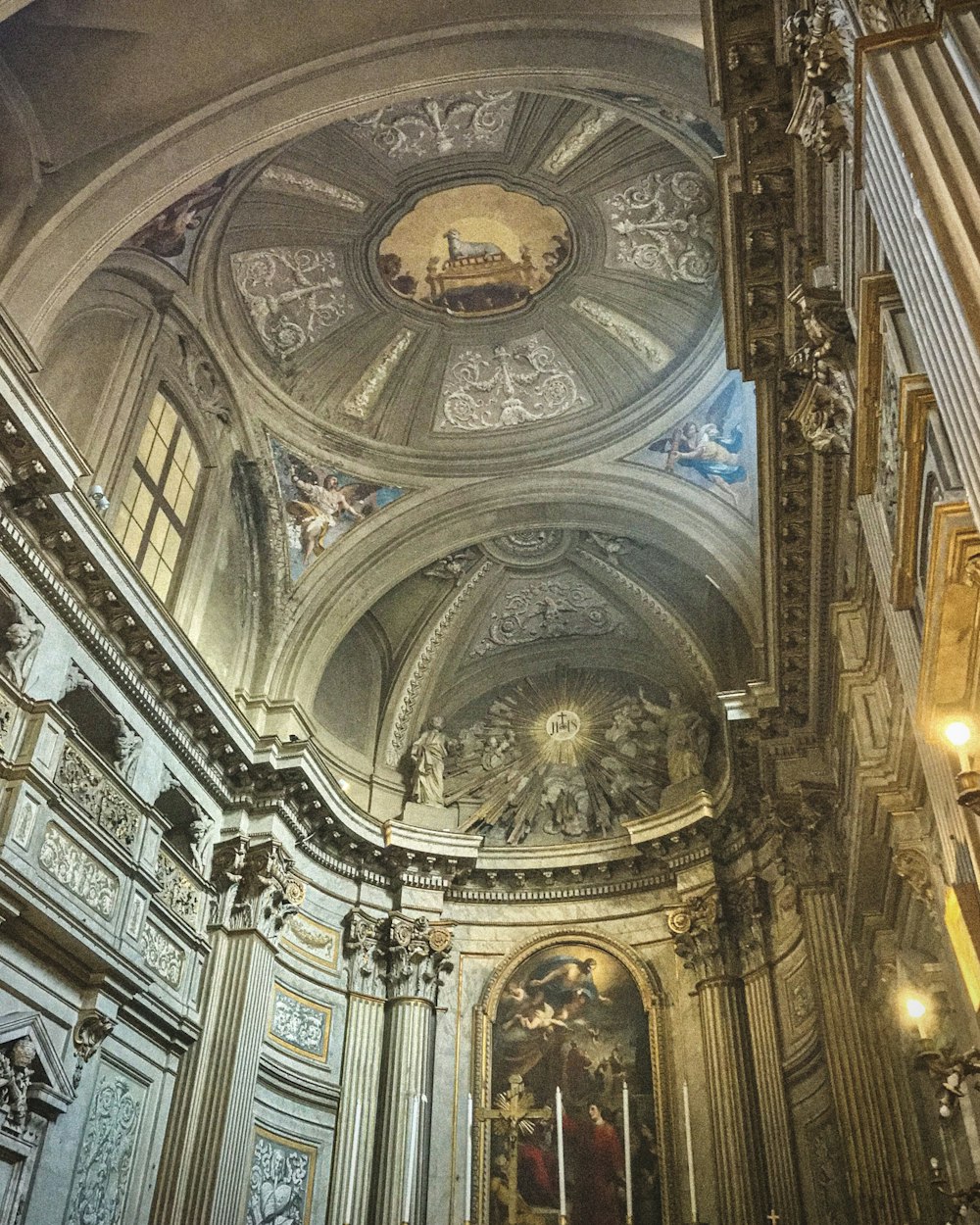 a large cathedral with a vaulted ceiling and painted walls