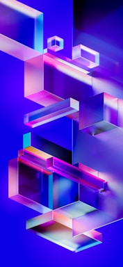 A vibrant and futuristic scene featuring an array of translucent, 3D geometric shapes, primarily rectangular prisms, floating and intersecting in a deep blue space with neon lighting. The shapes exhibit a gradient with shades of pink, purple, blue, and hints of green, creating a reflective and glossy appearance.