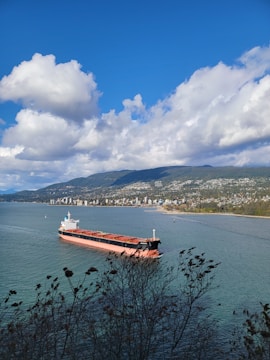 A large cargo ship is sailing across a calm body of water, with a background of a coastline featuring urban buildings and forested mountains. The sky is clear with a few scattered clouds, and there are some tree branches visible in the foreground.