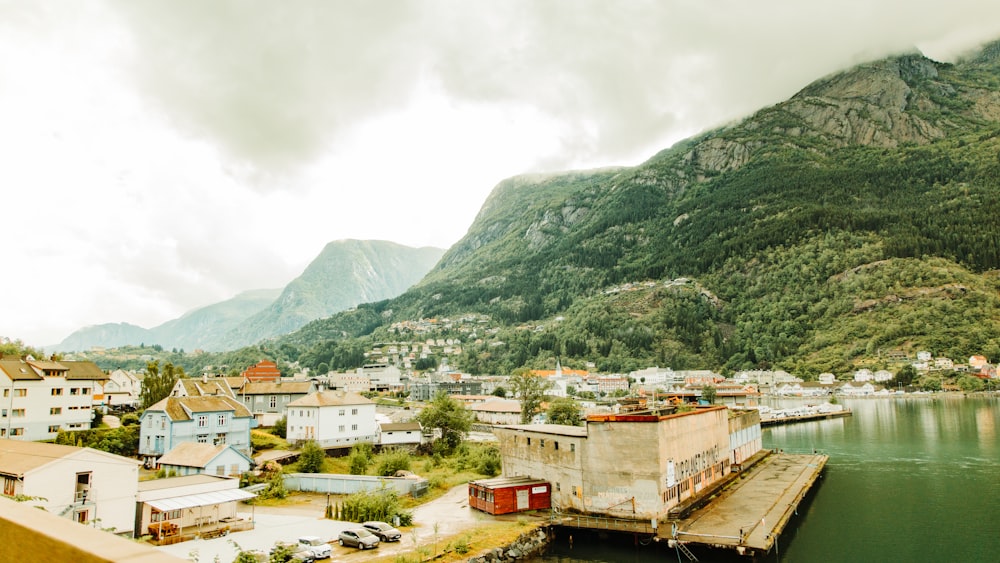 a body of water surrounded by mountains and houses