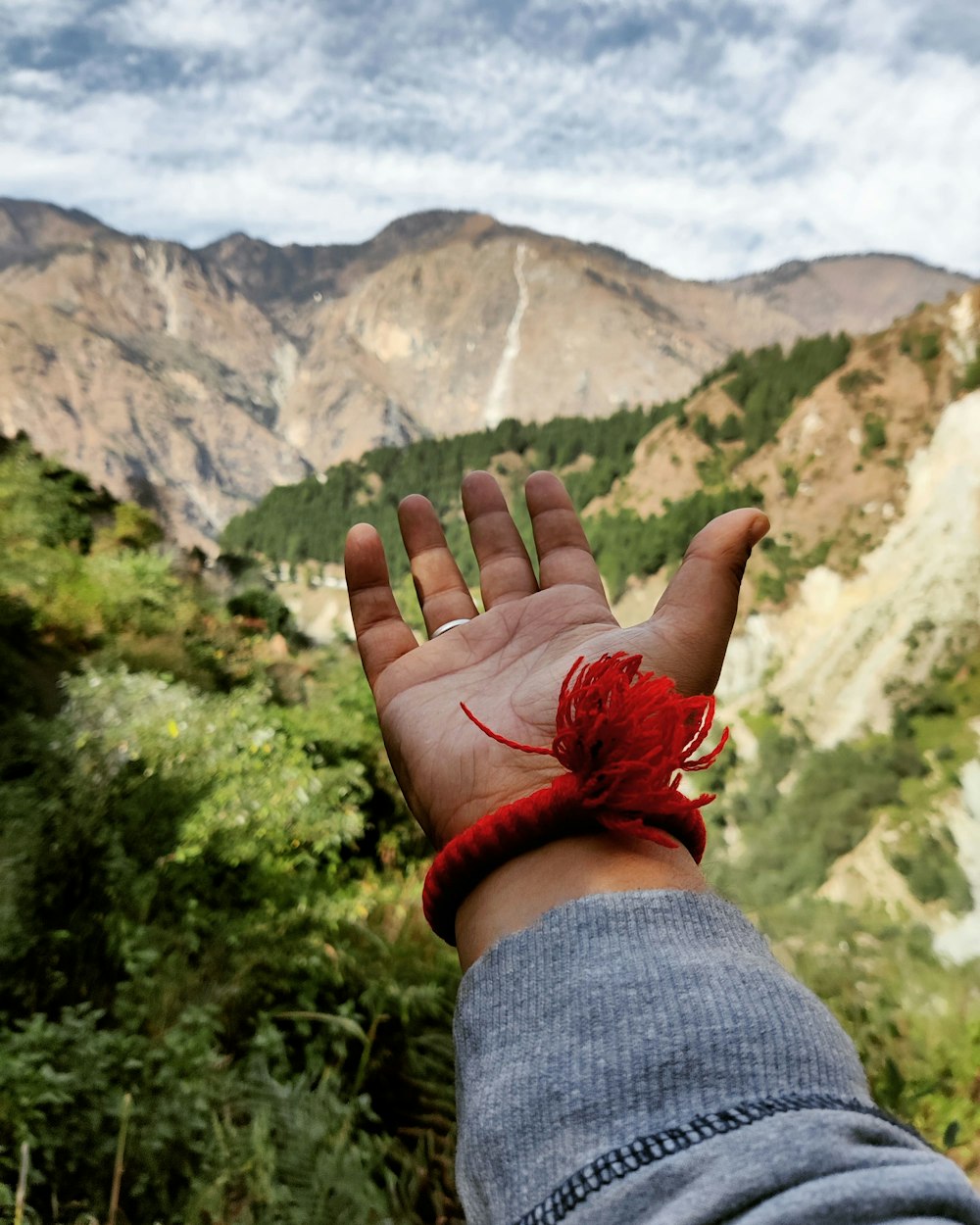 a person's hand with a red flower on it