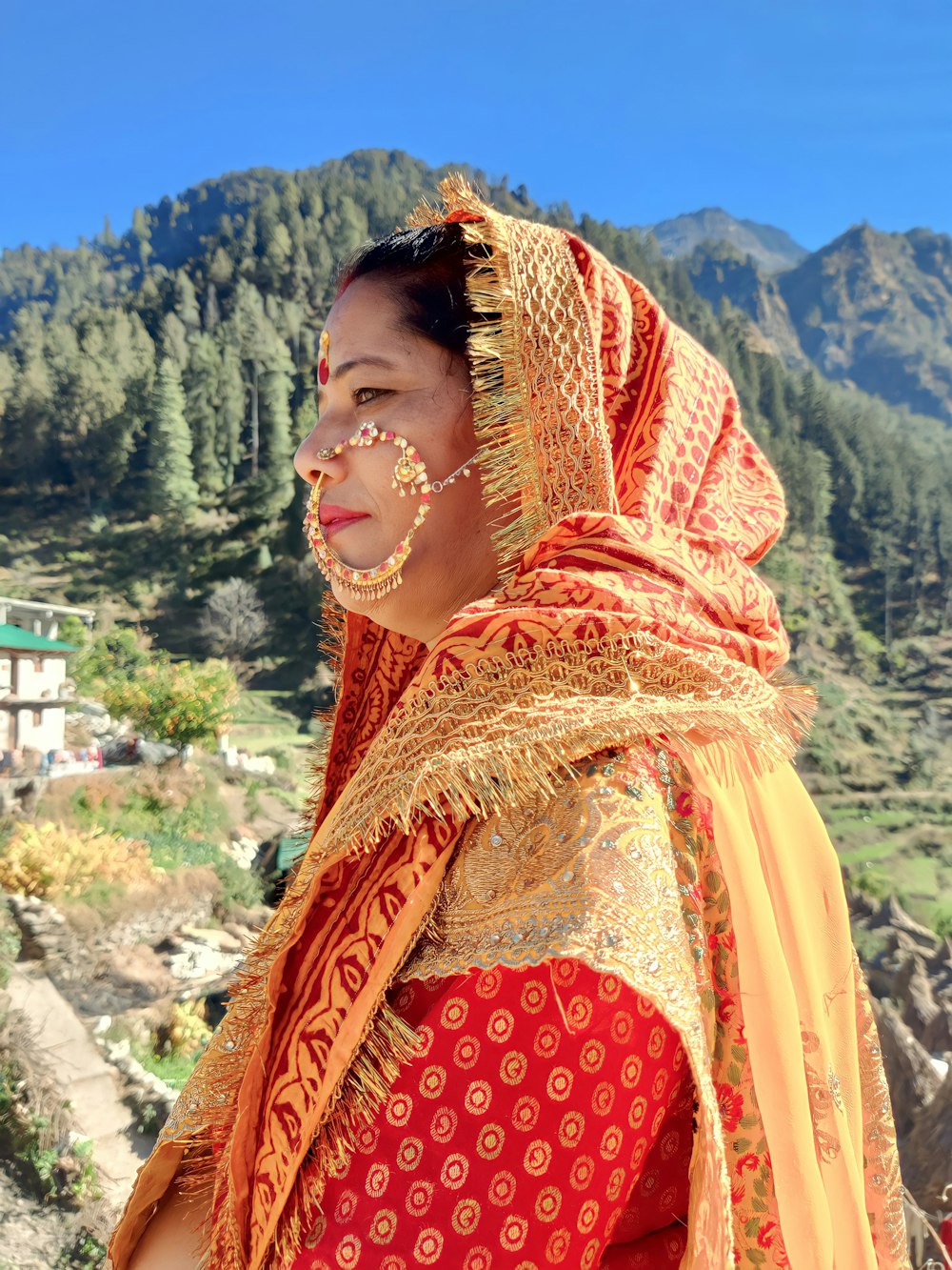a woman in a red and gold sari