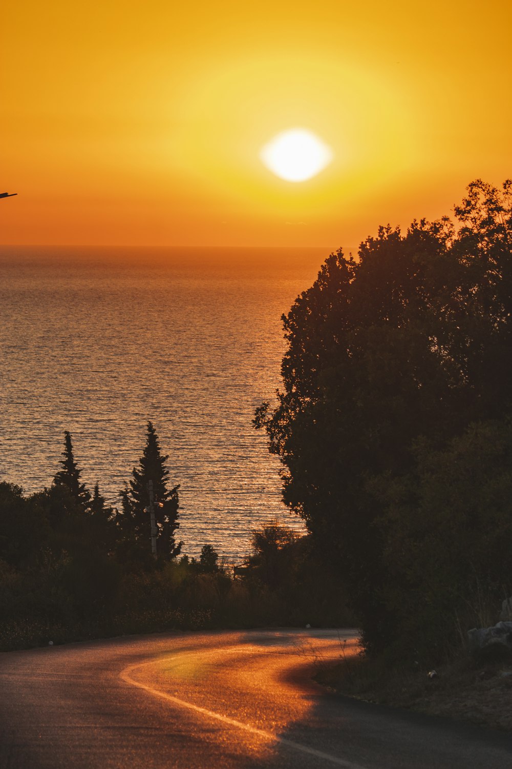 the sun is setting over the ocean and a road