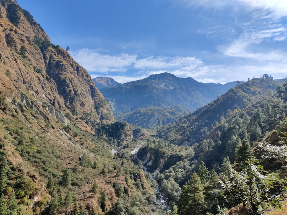 a view of a mountain valley with a river running through it