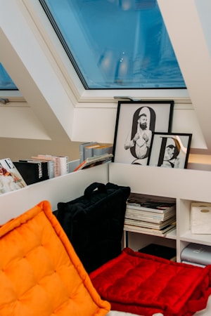 The image captures a cozy seating area by a large skylight window. There are two cushioned seats, one orange and one red, placed on a white shelving unit filled with various books and magazines. Two framed black-and-white portraits are propped up against the wall next to the window. The overall setup appears to be in a modern, well-lit space.