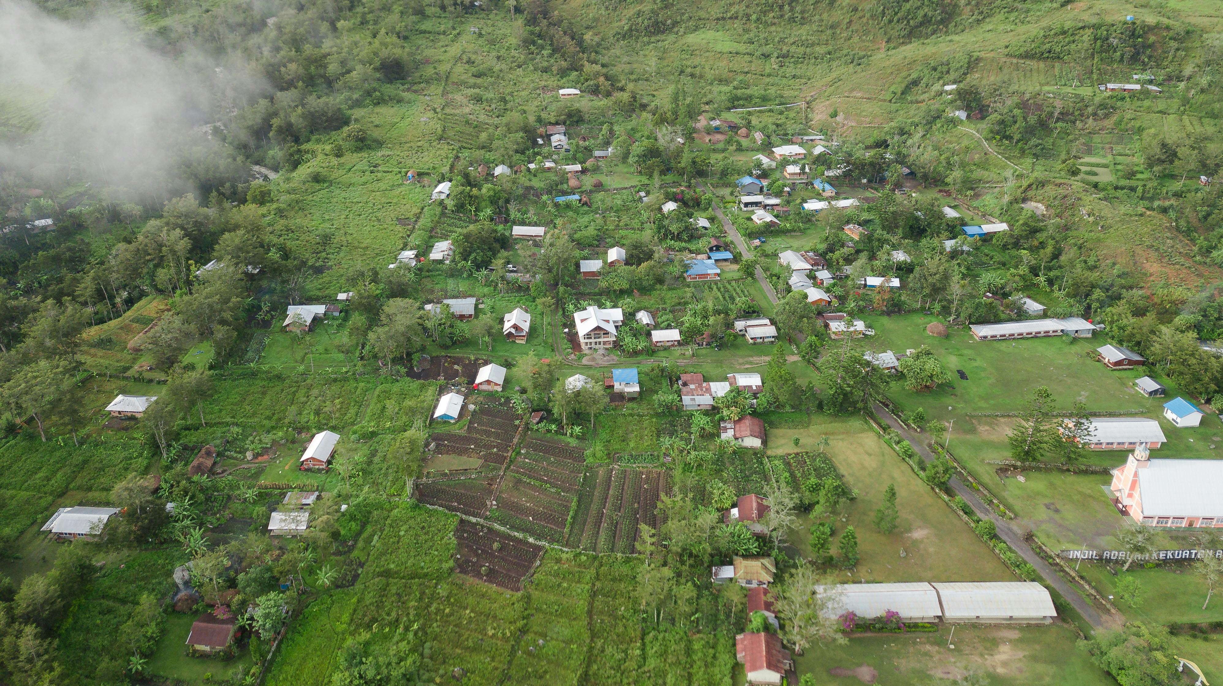 緑豊かな野原の真ん中にある小さな村の写真 Unsplashの無料ジャヤウィジャヤ リージェンシー写真