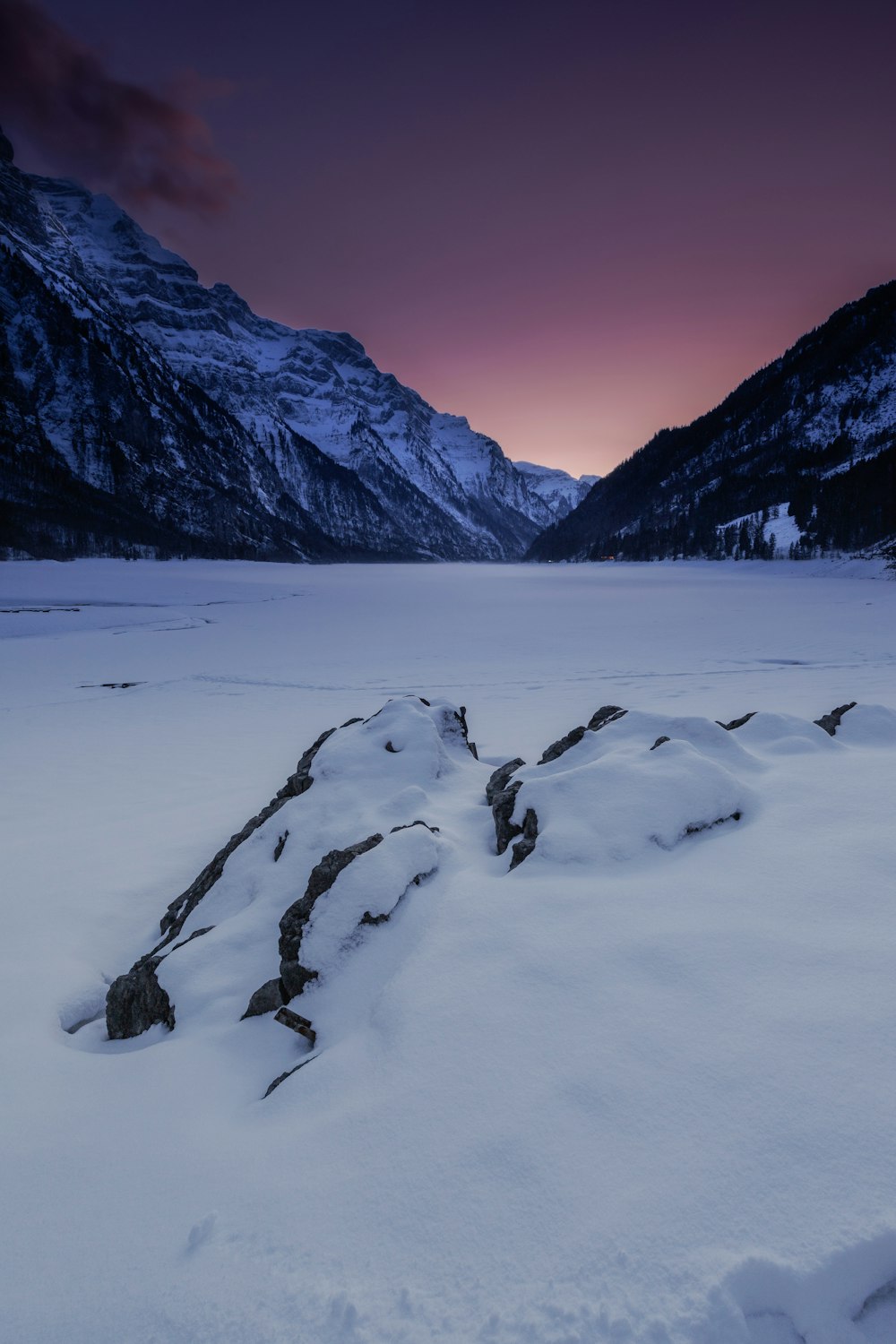 a snowy landscape with mountains in the background