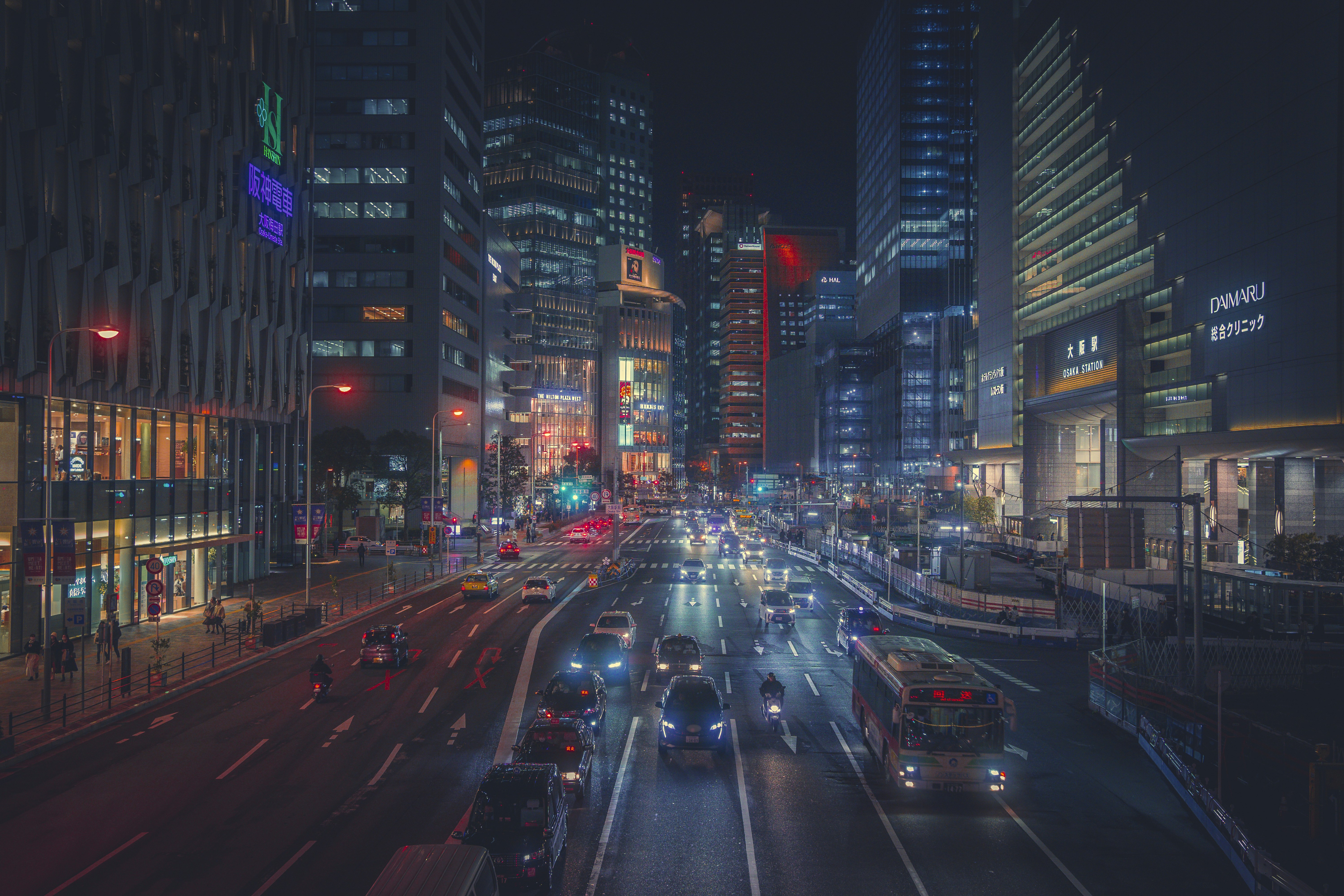 City street with traffic at night
