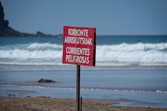 A red warning sign is prominently displayed on a beach, cautioning about dangerous currents. The ocean waves roll in the background, and a rocky outcrop is visible in the distance.