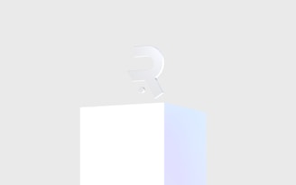 A minimalistic 3D letter 'R' with a subtle pastel gradient, placed on top of a simple white pedestal against a light gray background.
